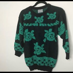 Vintage Rose Sweater Black Teal Oversized